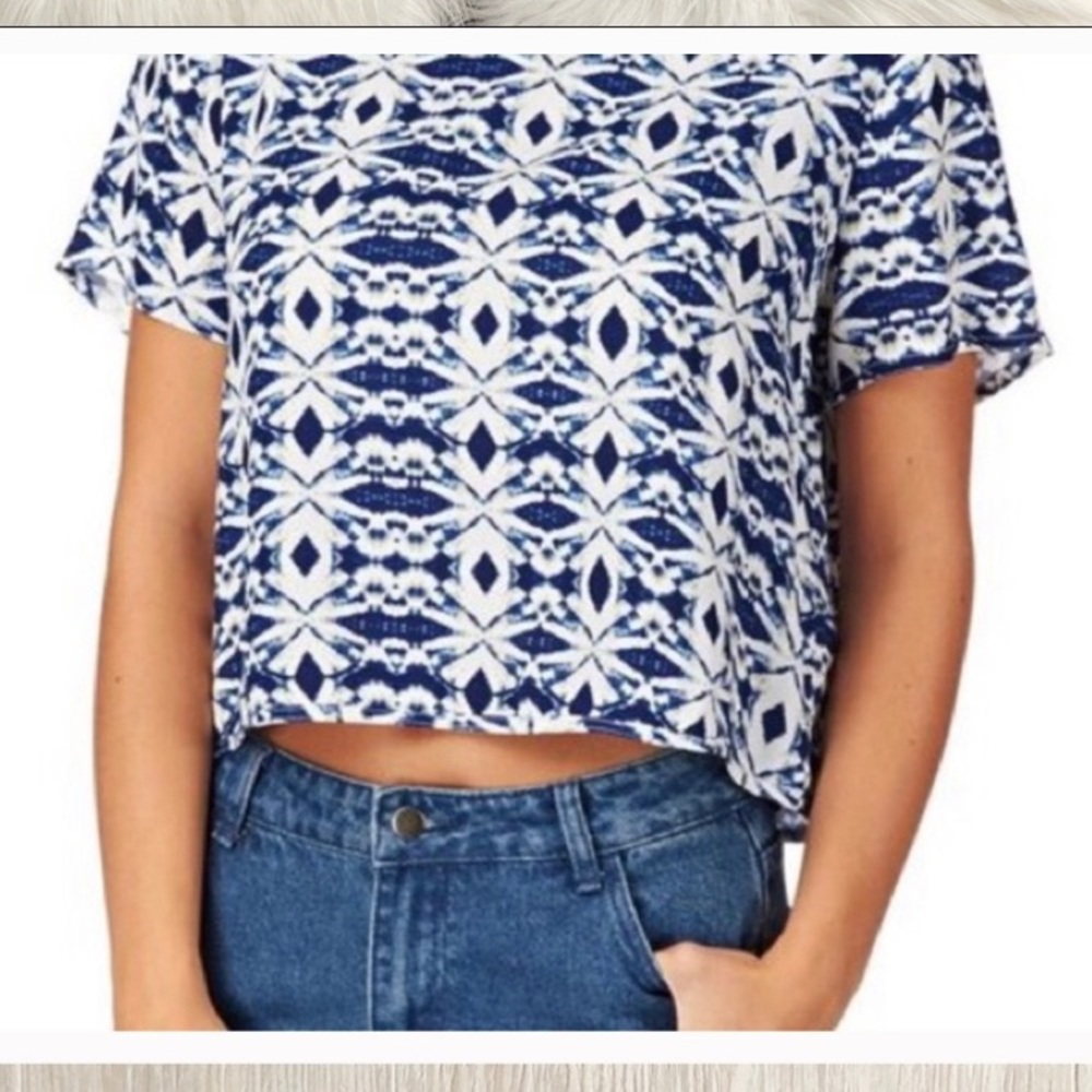 Adult “Native Youth” Boxy Crop Top in blue & white kaleidoscope pattern